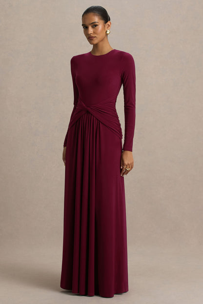 Estrella | Vestido Largo en tono berry con cuello alto y detalle fruncido