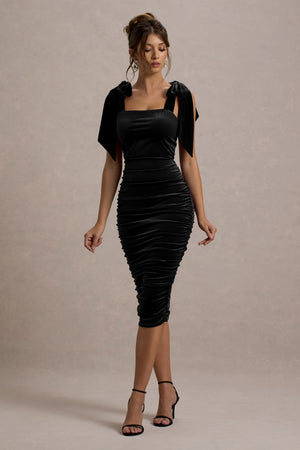 Tarna | Vestido Midi Negro de Terciopelo con Tirantes de Lazo