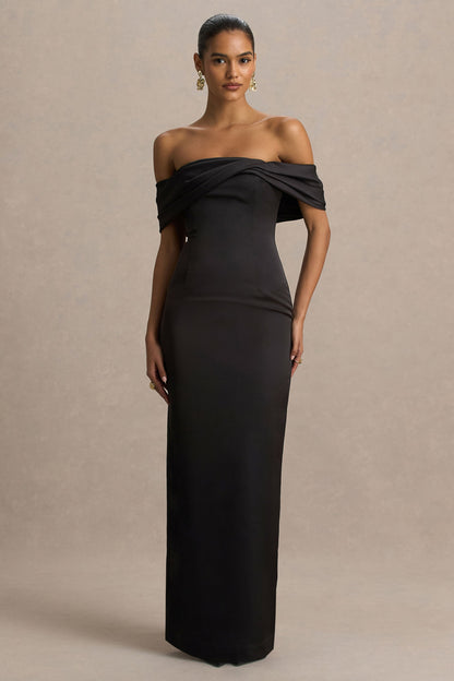 Valeria | Vestido largo de satén negro con escote Bardot retorcido