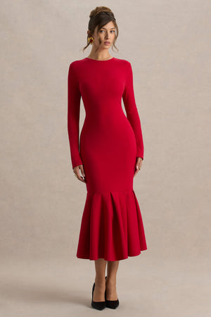 Liberty | Vestido midi rojo con mangas largas y bajo con volante