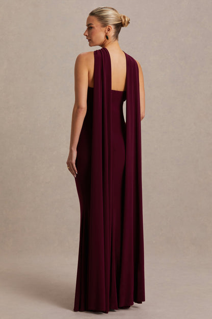 Lyra | Vestido Largo burdeos con cuello halter cruzado y capa