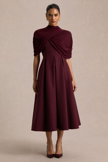 Thalia | Vestido midi burdeos con cuello alto y capa de malla transparente