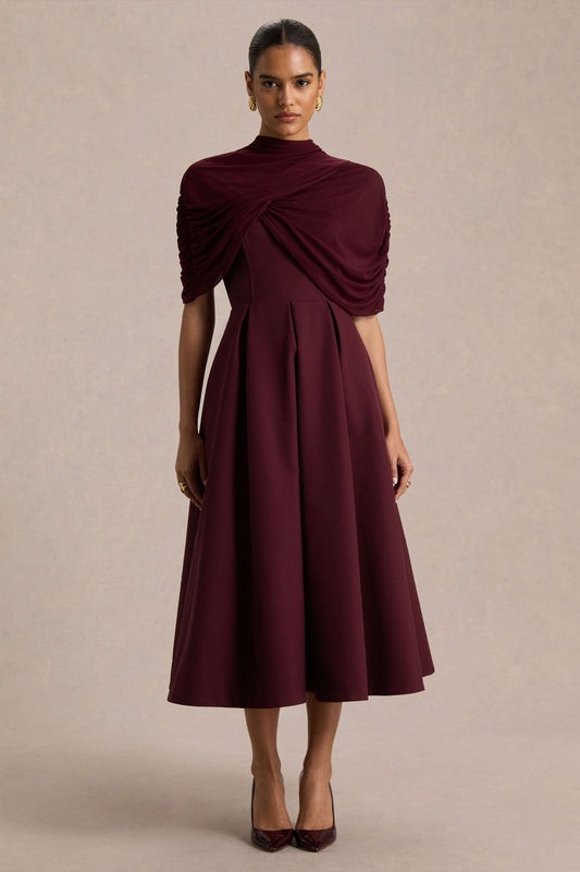 Thalia | Vestido midi burdeos con cuello alto y capa de malla transparente