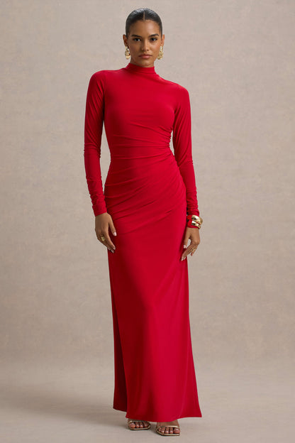 Alluring | Vestido largo Rojo de Cuello Alto con Detalles Fruncidos