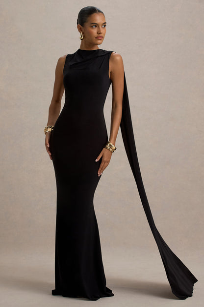Mia | Vestido largo negro con escote barco y detalle de cinta