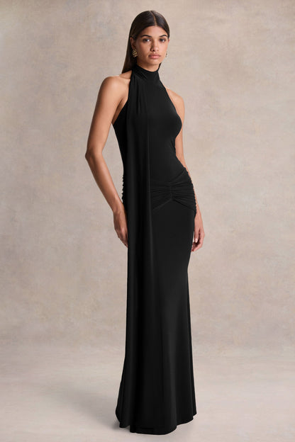 Hyla | Vestido Largo Negro con Escote Alto y Detalle de Fajín