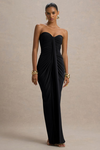 Ali | Vestido Largo Negro De Cuello Corazón Con Fruncidos Y Detalle De Faja