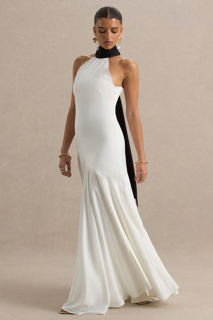 Luscious | Vestido largo blanco y negro con cuello alto cintura baja y detalle de lazo.