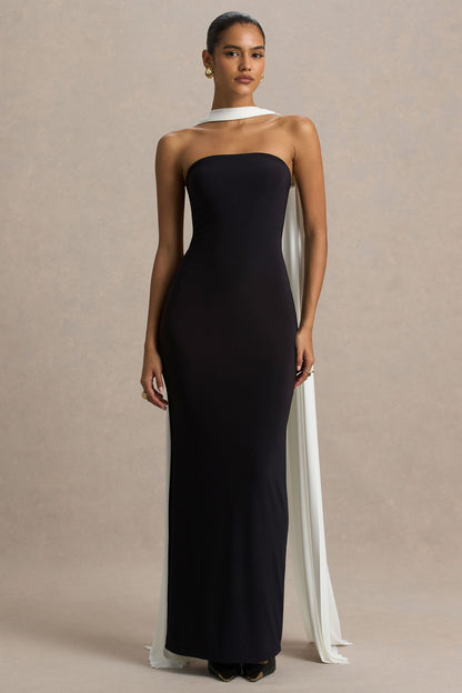 Kelilah | Vestido Largo negro y blanco con cuello bandeau y detalle de pañuelo