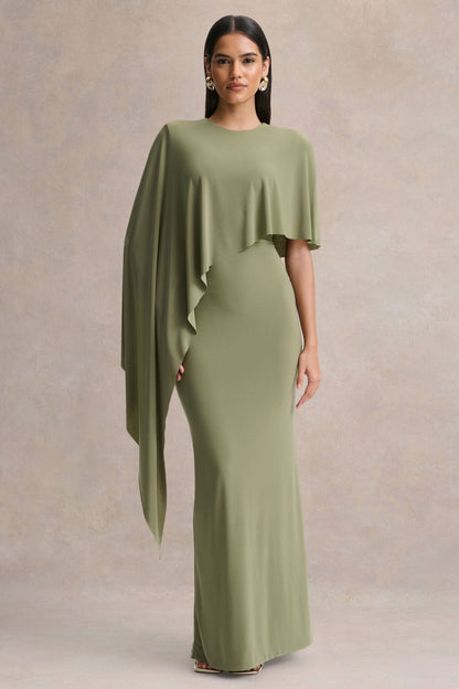 Ravena | Vestido Largo Verde Oliva de Cuello Redondo con Manga de Capa Asimétrica