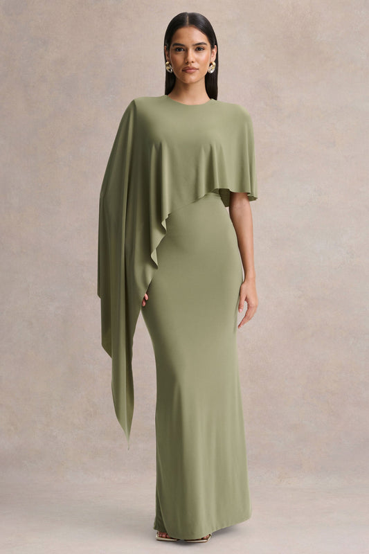 Ravena | Vestido Largo Verde Oliva de Cuello Redondo con Manga de Capa Asimétrica