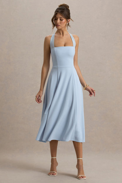 Auburn | Vestido midi azul bebé con escote halter de malla con lazo