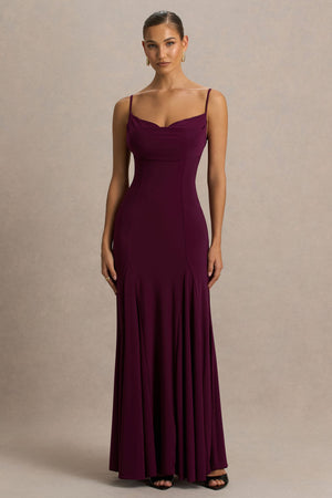 Gabbie | Vestido Largo Burdeos Con Escote Drapeado y Espalda De Malla