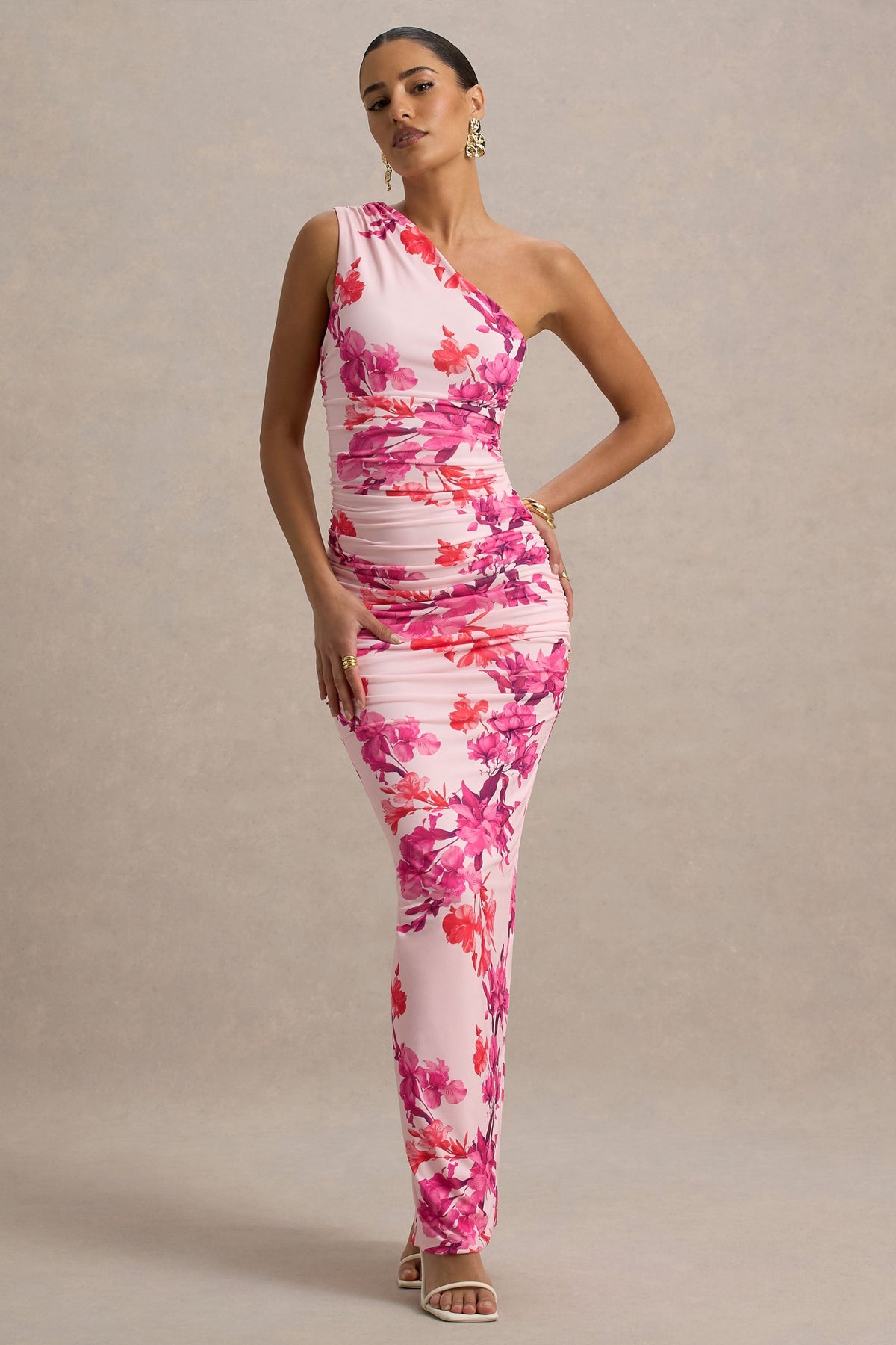 Dalarie | Vestido Largo Asimétrico con fruncido y Estampado Floral en Rosa y Naranja