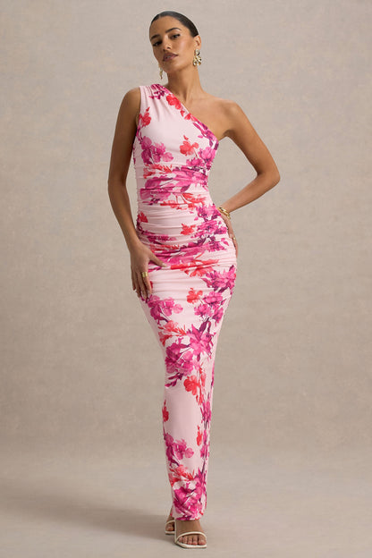 Dalarie | Vestido Largo Asimétrico con fruncido y Estampado Floral en Rosa y Naranja