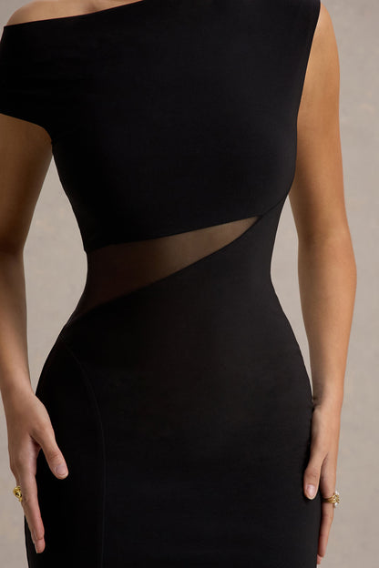 Emily | Vestido largo Negro Asimétrico con Abertura y Detalles de Malla