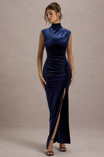 Abilene | Vestido largo de terciopelo en azul marino, de cuello alto y abertura lateral