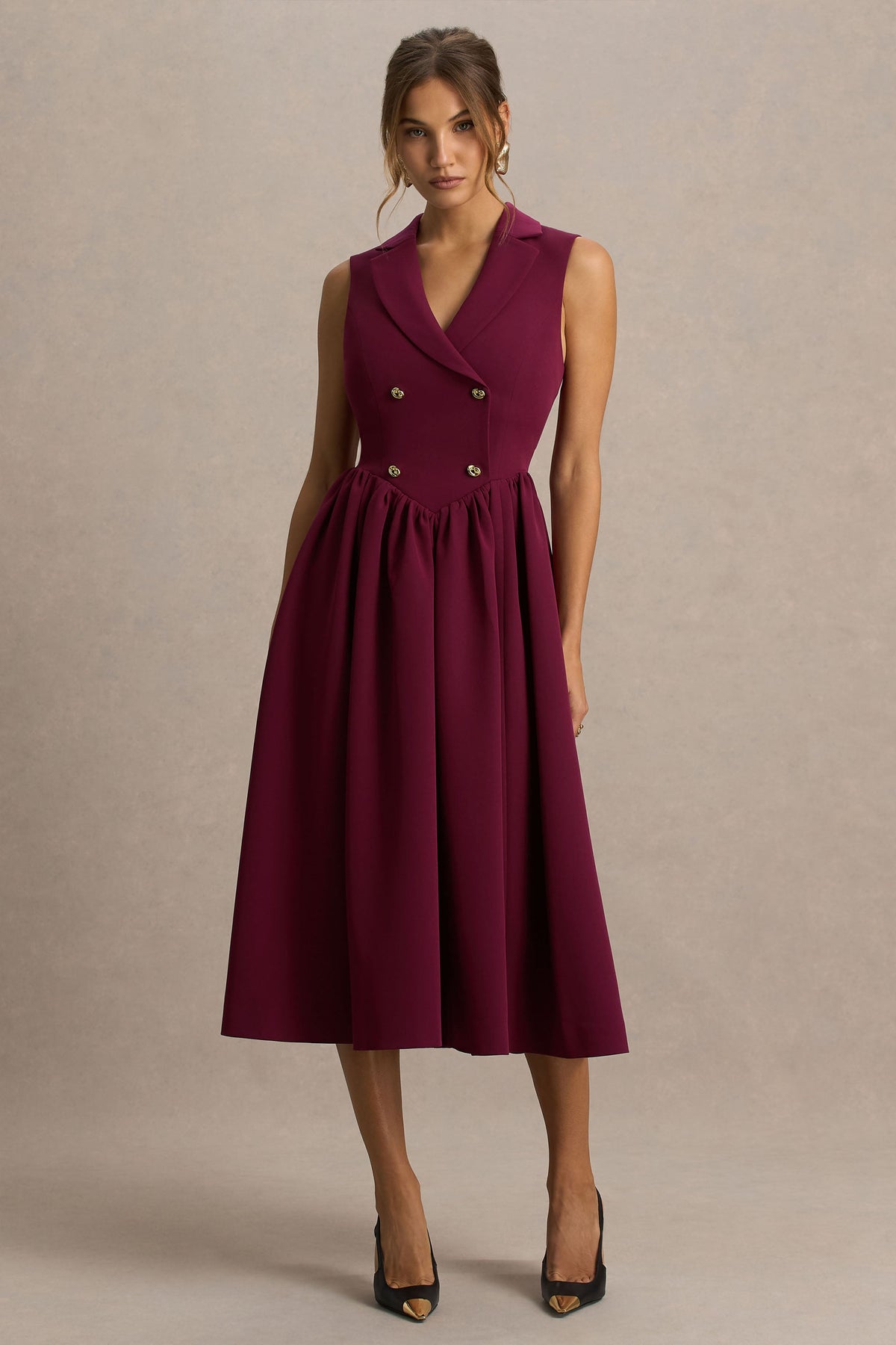 Lisa | Vestido Midi Sastre Color Burdeos con Escote Pronunciado