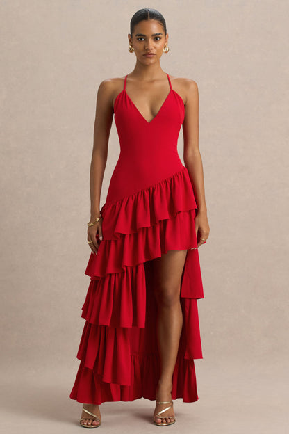 Bogota | Vestido rojo largo con escote pronunciado y detalle de falda con volantes