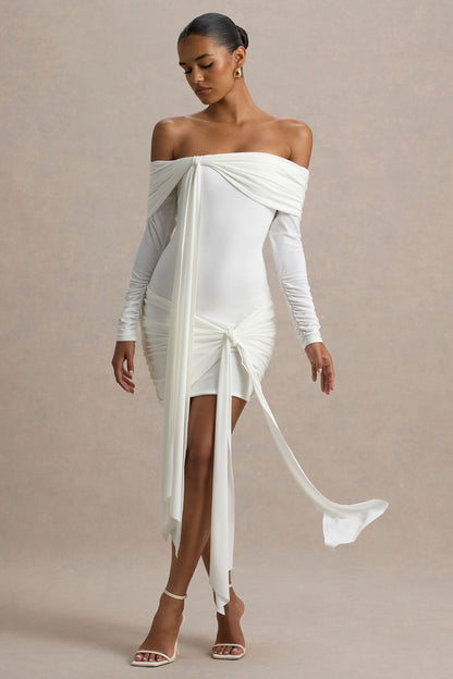 Essie | Vestido corto blanco de mangas largas con escote bardot y detalles de lazo