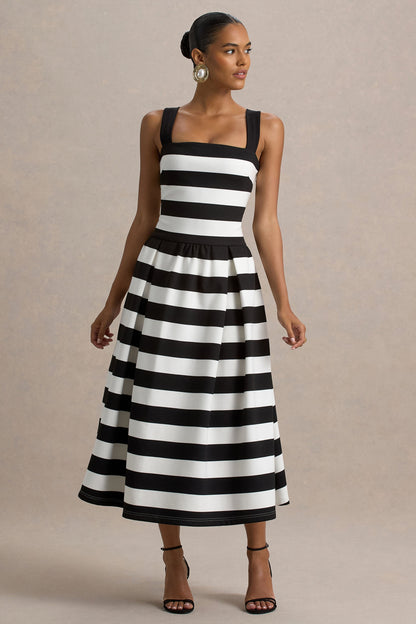Monte Carlo | Vestido midi de rayas blanco y negro con escote cuadrado