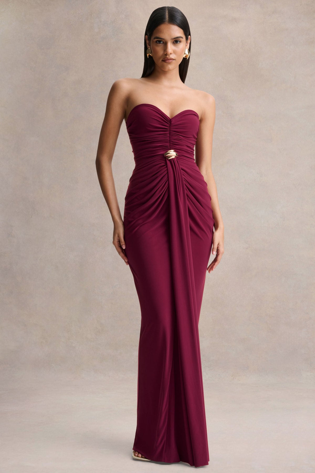 Beverly | Vestido Largo burdeos palabra de honor con detalle fruncido