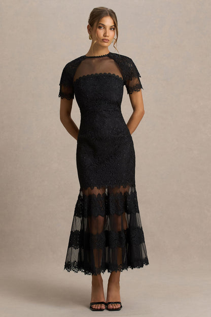 Leanne | Vestido midi negro de encaje y malla con cuello redondo y corte sirena
