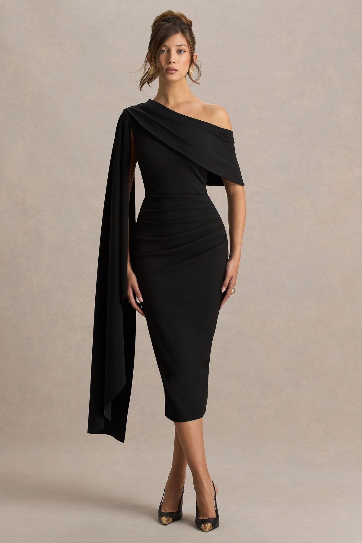 Leah | Vestido Midi Burdeos De Escote Asimétrico Con Manga Capa y Detalle Drapé