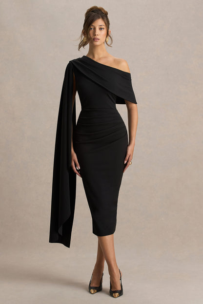 Leah | Vestido Midi Burdeos De Escote Asimétrico Con Manga Capa y Detalle Drapé