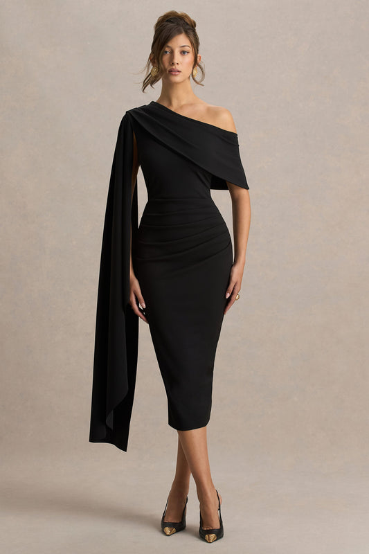 Leah | Vestido Midi Burdeos De Escote Asimétrico Con Manga Capa y Detalle Drapé