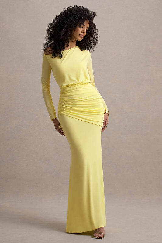 Deanna | Vestido largo Amarillo limón con Escote Asimétrico y Drapeado