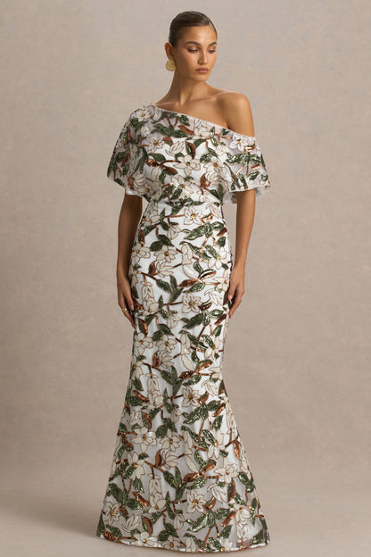 Iony | Vestido Largo de cuello asimétrico con detalles florales, malla y lentejuelas en blanco y verde