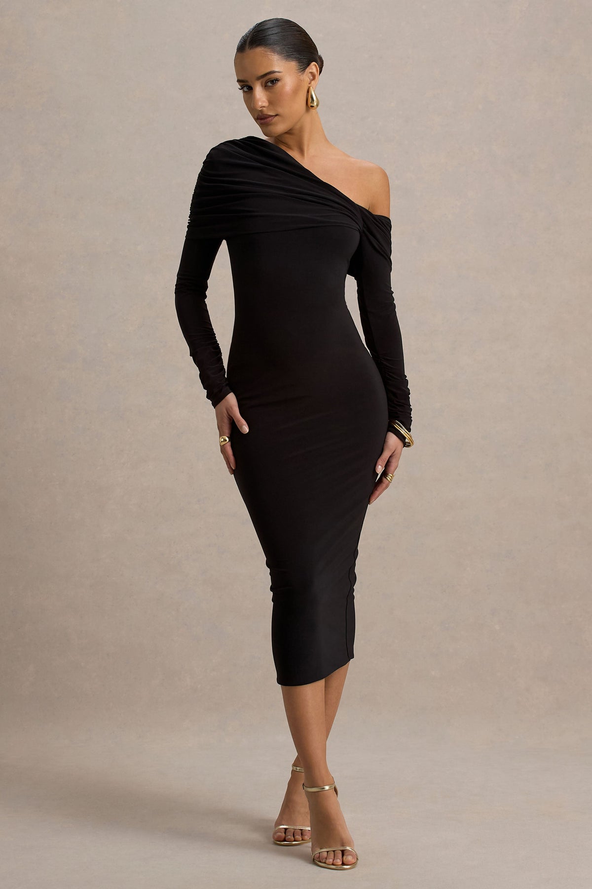 Cleo | Vestido Midi entallado negro con detalle retorcido en el escote y mangas largas