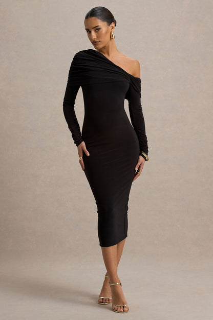 Cleo | Vestido Midi entallado negro con detalle retorcido en el escote y mangas largas