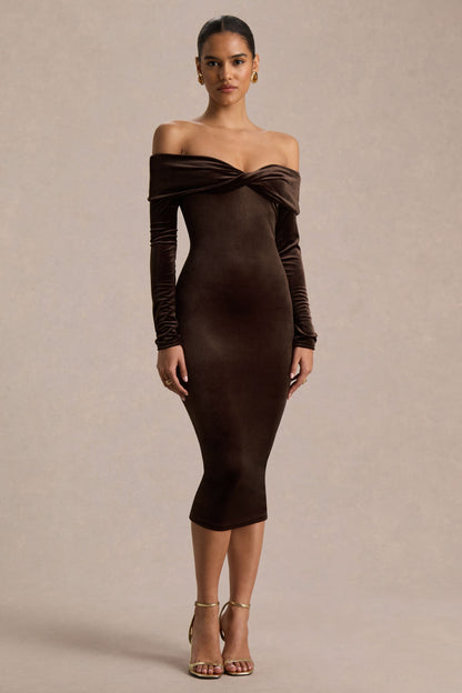 Compliment | Vestido Midi Bardot de Terciopelo Marrón