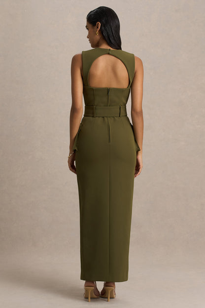 Sandra | Vestido Largo Verde Oliva Entallado con Escote Cuadrado y Abertura Frontal Alta