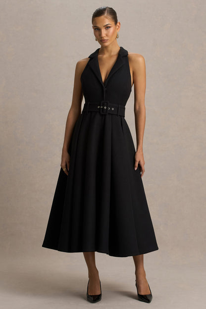 Alessa | Vestido Midi Negro Entallado con Escote Profundo