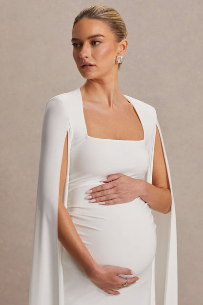 Flawless | Vestido midi premamá blanco con escote cuadrado y mangas capa