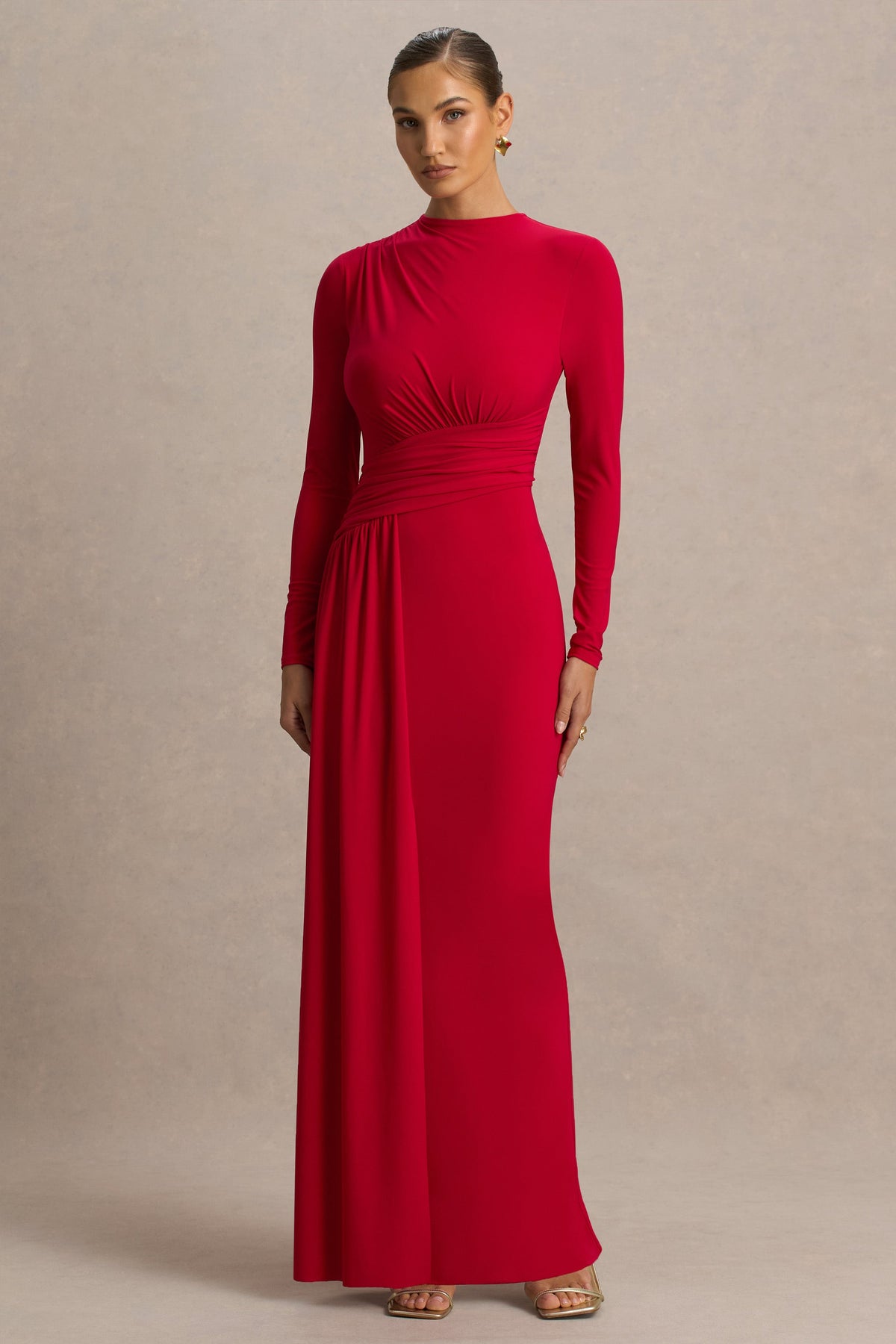 Virelle | Vestido Largo Rojo Con Escote Barco y Cintura Caída
