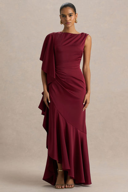 Freya | Vestido Largo De Satén Burdeos Con Cuello Alto y Detalle Fruncido