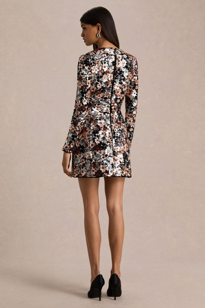 Adaline | Vestido corto de manga larga de terciopelo negro con lentejuelas y flores