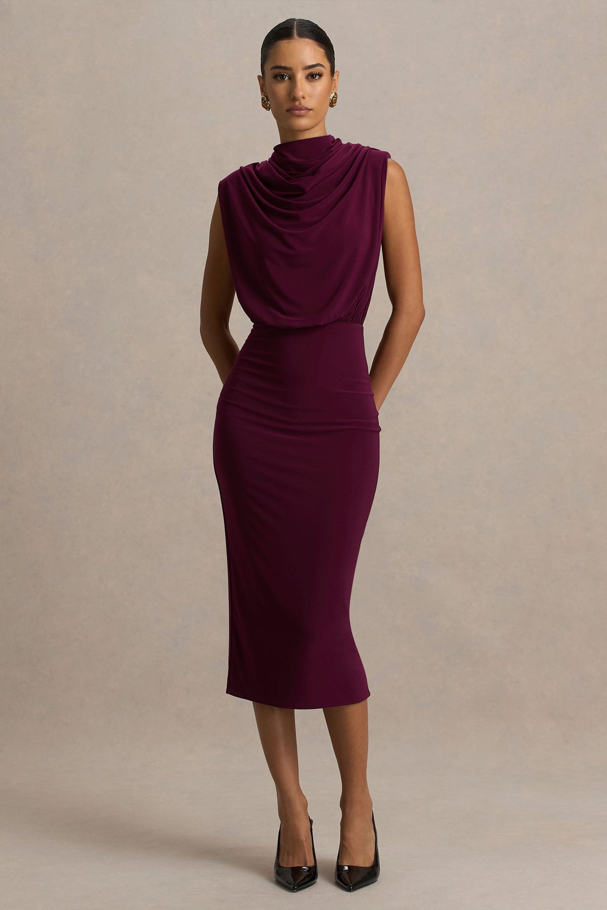 Hermia | Vestido Midi Burdeos De Cuello Alto Sin Mangas
