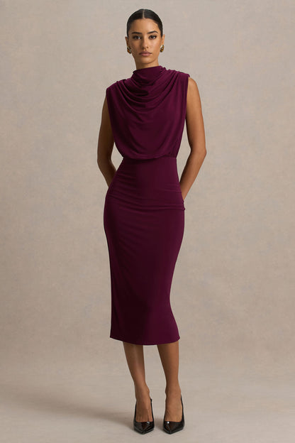 Hermia | Vestido Midi Burdeos De Cuello Alto Sin Mangas
