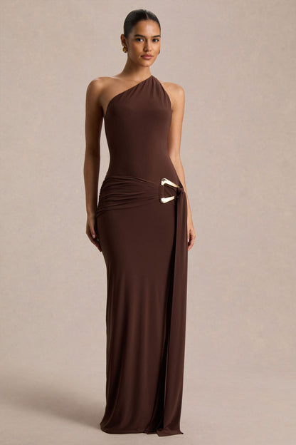 Bonnie | Vestido Largo Marrón con Escote Asimétrico y Detalles Fruncidos