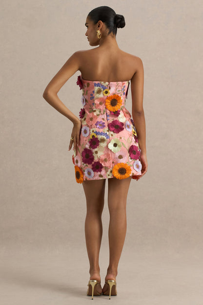 Kristen | Vestido corto Rosa con Bordado Floral y Escote bandeau