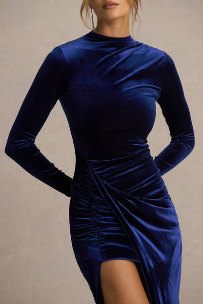 Wishes | Vestido Largo Azul Marino de Terciopelo con Escote Alto y Falda Cruzada
