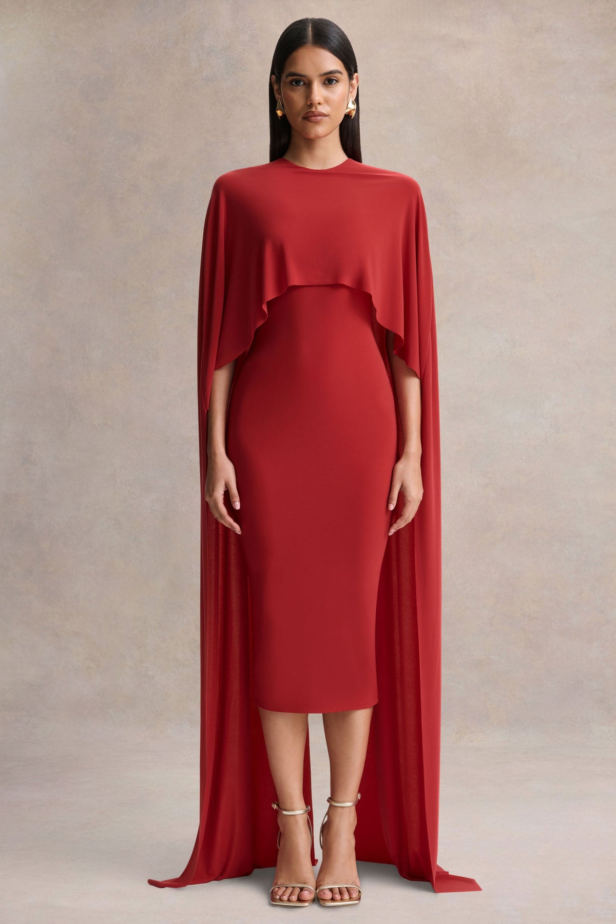 Kalani | Vestido Midi Rojo con Cuello Redondo y Mangas Tipo Capa