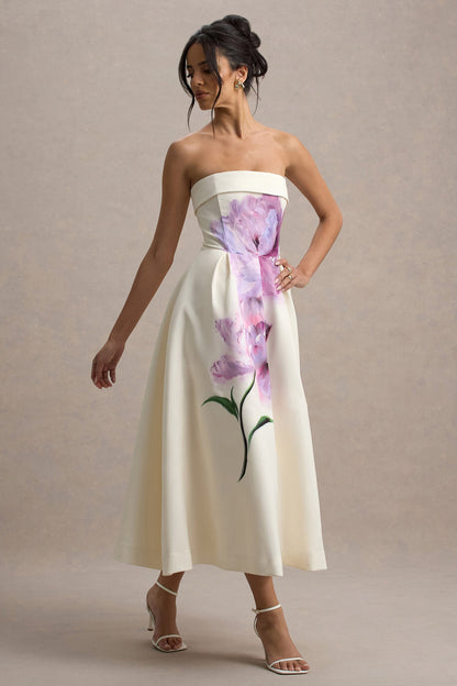 Annalise | Vestido midi con escote bandeau  con estampado floral y falda plisada