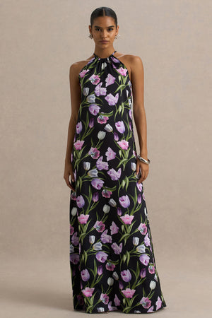 Svana | Vestido largo Asimétrico con Escote Halter en Satén Floral Negro