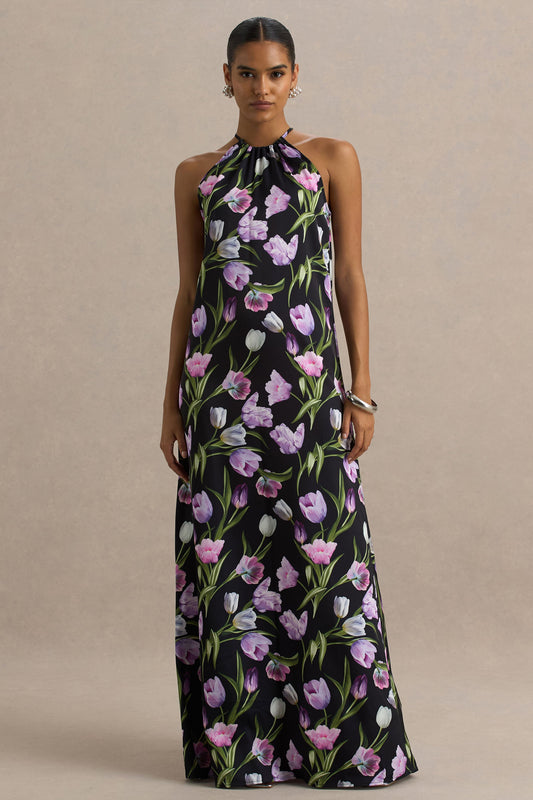 Svana | Vestido largo Asimétrico con Escote Halter en Satén Floral Negro
